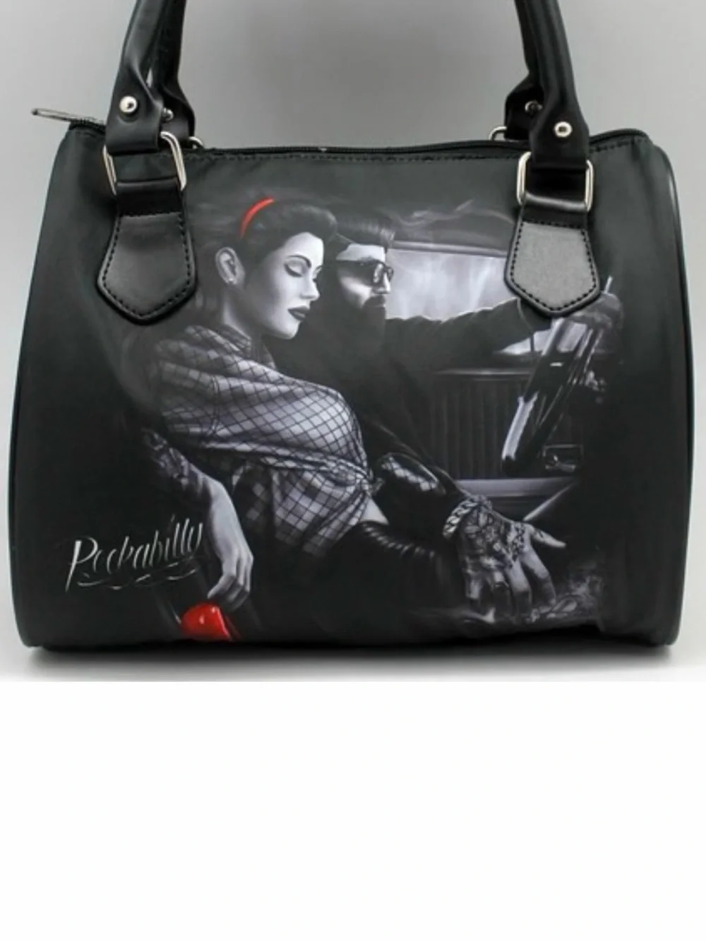 Black Graphic Dome Handbag with Red Accent